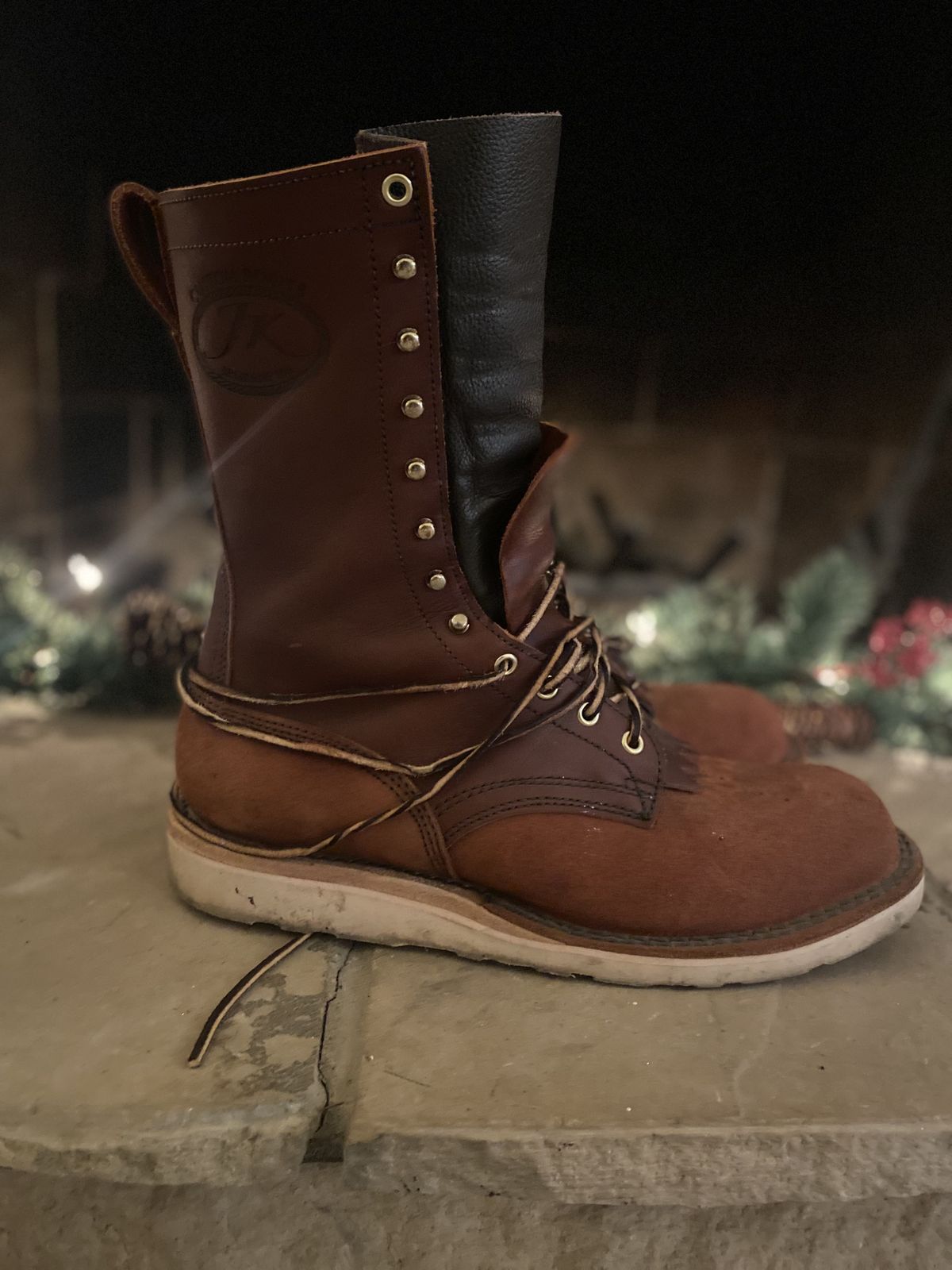 Photo by patinathunderdome on December 6, 2021 of the JK Boots Forefront in Seidel Redwood Oil Tan Roughout.