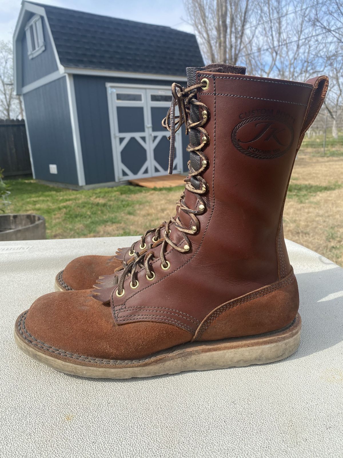 Photo by patinathunderdome on March 5, 2022 of the JK Boots Forefront in Seidel Redwood Oil Tan Roughout.