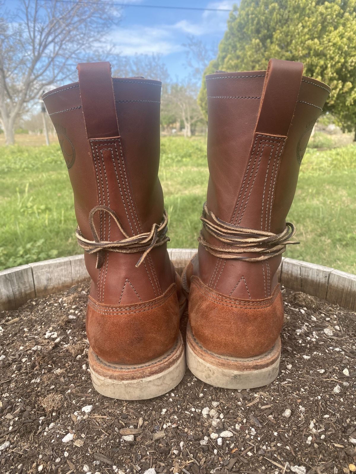 Photo by patinathunderdome on April 5, 2022 of the JK Boots Forefront in Seidel Redwood Oil Tan Roughout.