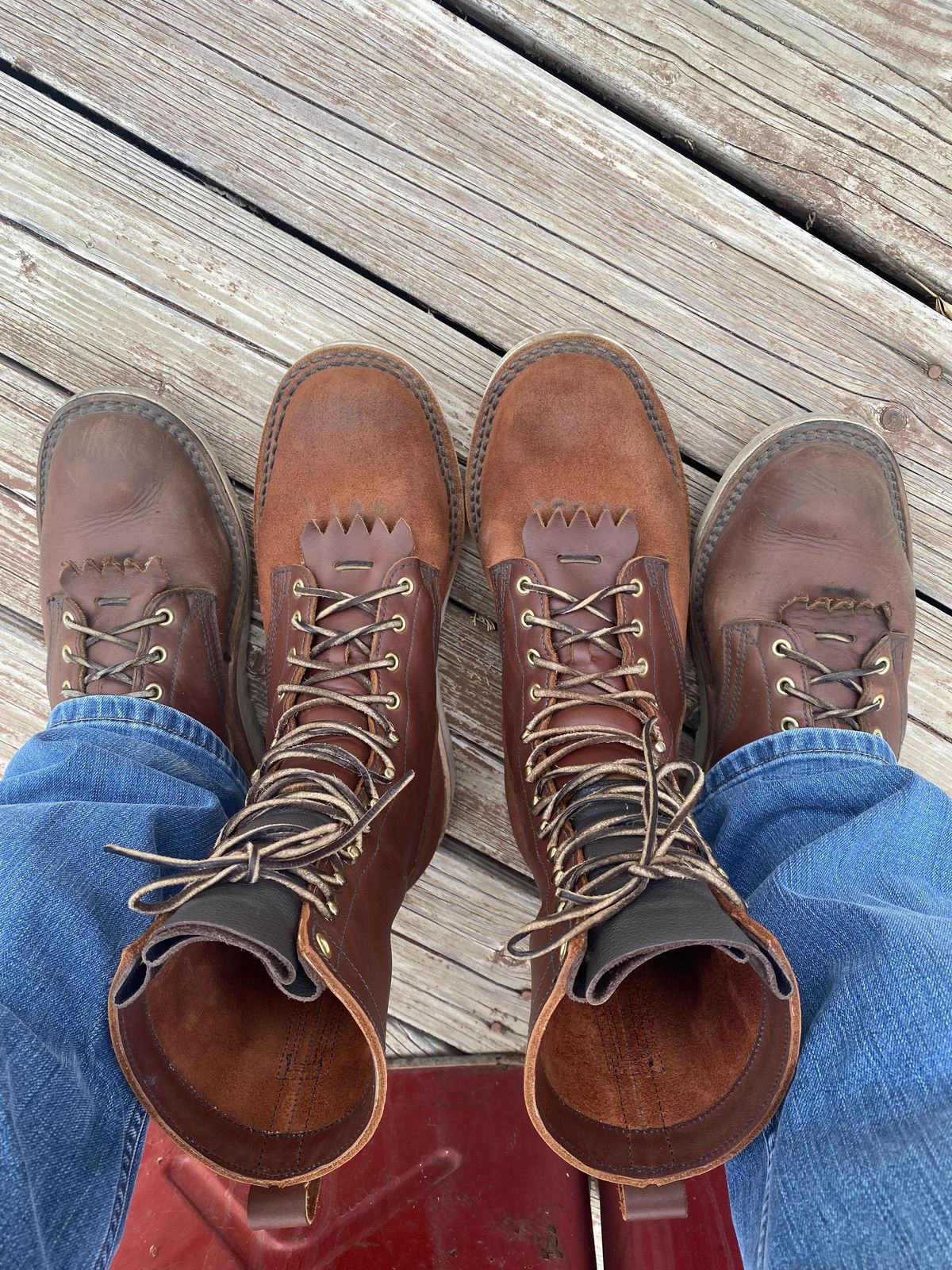 Photo by patinathunderdome on May 6, 2022 of the JK Boots Forefront in Seidel Redwood Oil Tan Roughout.