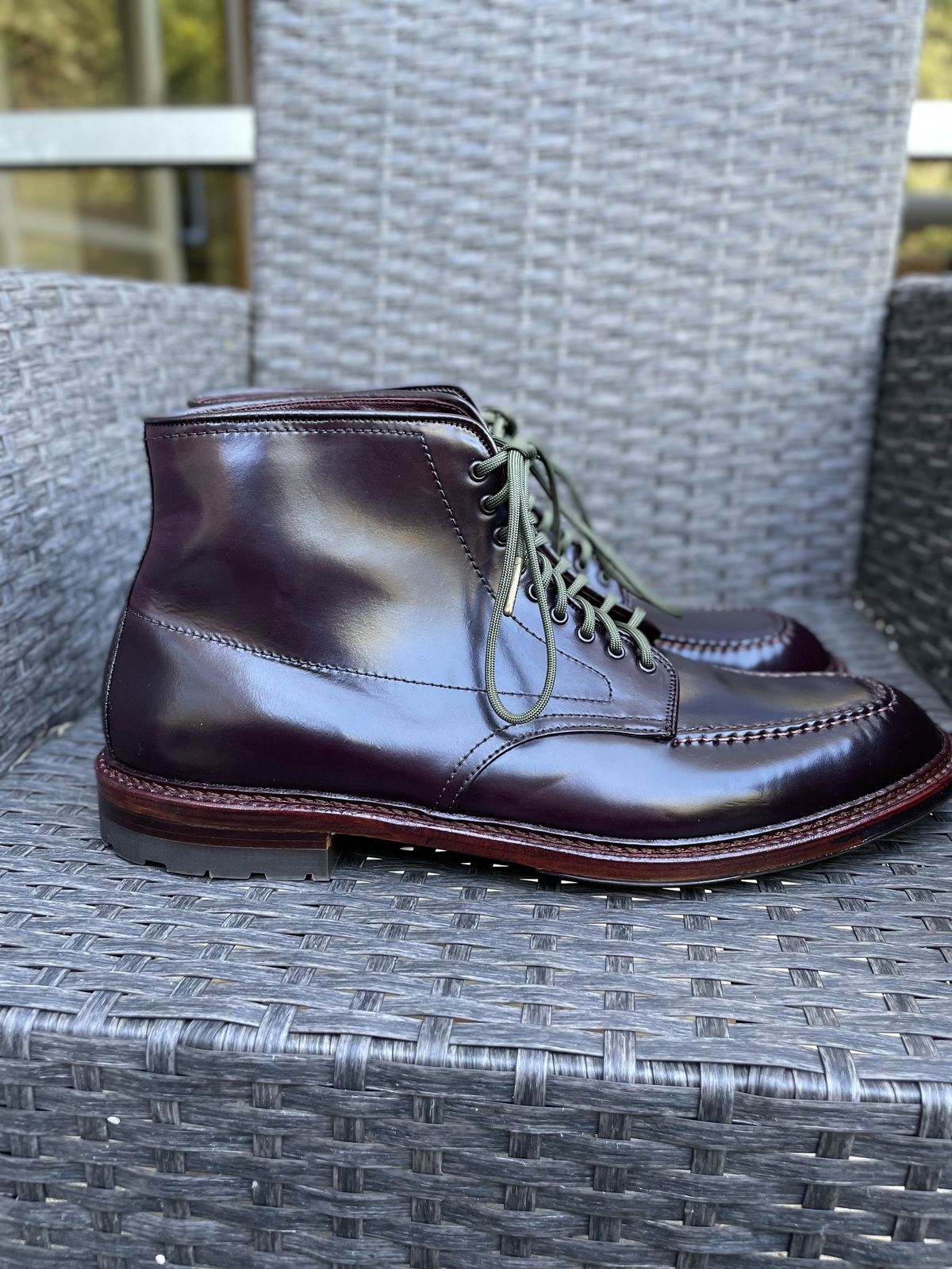 Photo by patinathunderdome on October 1, 2021 of the Alden Indy Boot in Horween Color 8 Shell Cordovan.