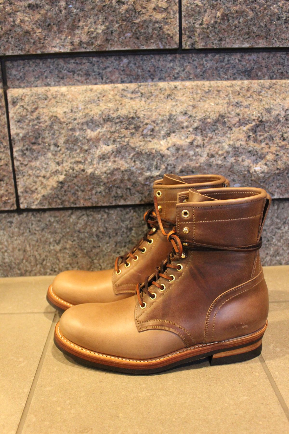 Photo by patinathunderdome on September 30, 2021 of the Motor Lace Up Boots in Horween Natural Chromexcel.