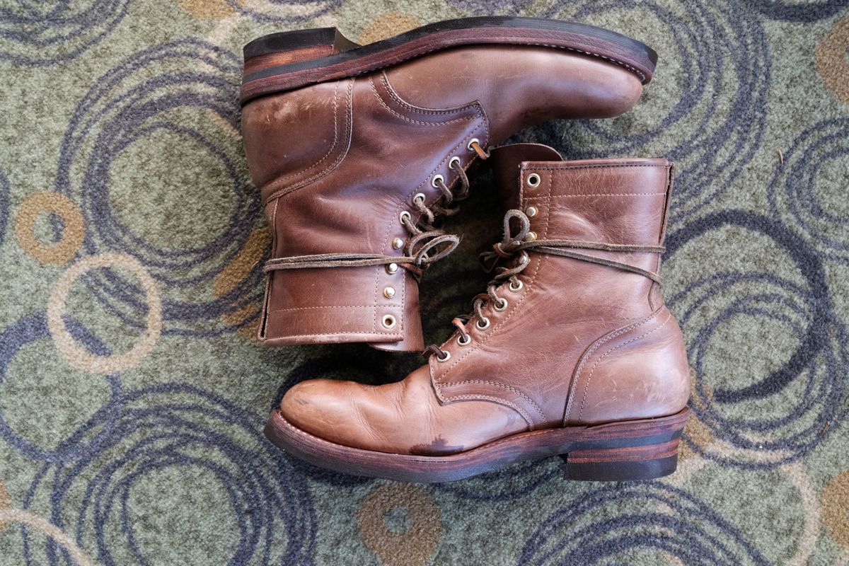 Photo by patinathunderdome on December 3, 2021 of the Motor Lace Up Boots in Horween Natural Chromexcel.