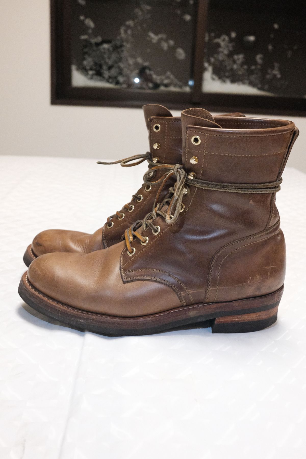Photo by patinathunderdome on January 4, 2022 of the Motor Lace Up Boots in Horween Natural Chromexcel.