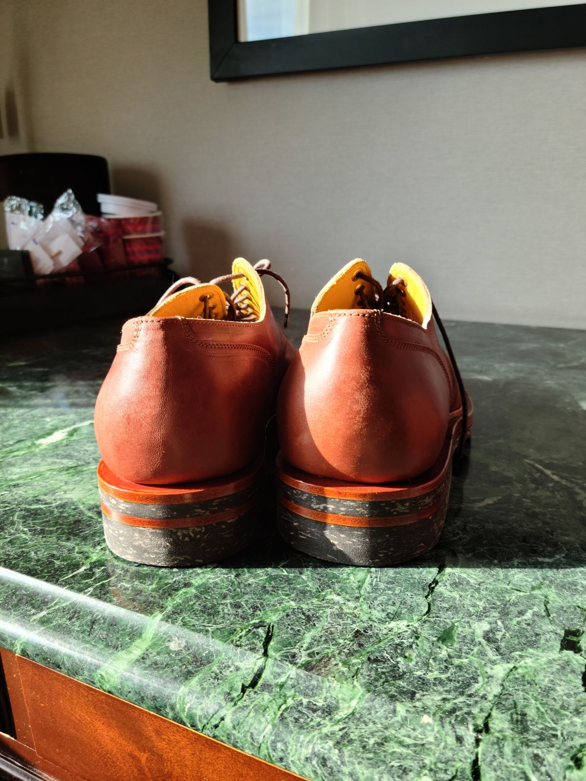 Photo by patinathunderdome on October 2, 2021 of the Sagara x Stitchdown Bandung Derby in Conceria Cloe Mahogany Horsebutt.