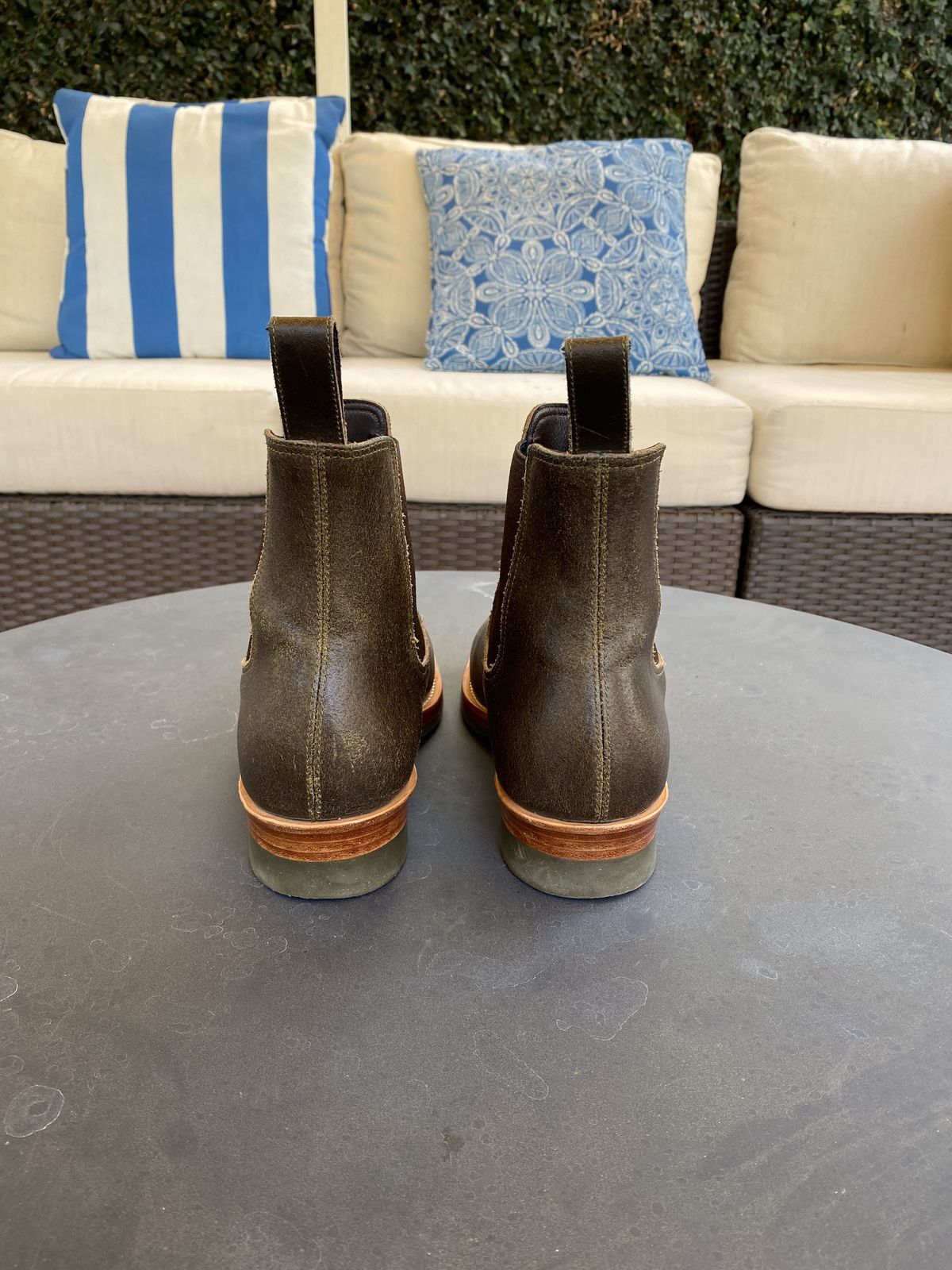 Photo by patinathunderdome on December 2, 2021 of the Benzein The Seventh Chelsea Boot in Horween Olive Waxed Flesh.