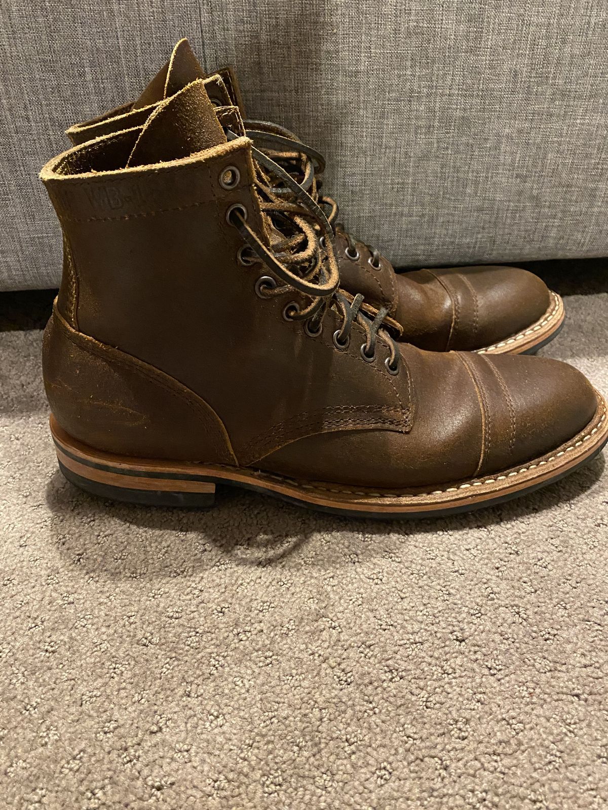 Photo by patinathunderdome on January 5, 2022 of the White's MP-Sherman Toe Cap in Horween Cinnamon Waxed Flesh.