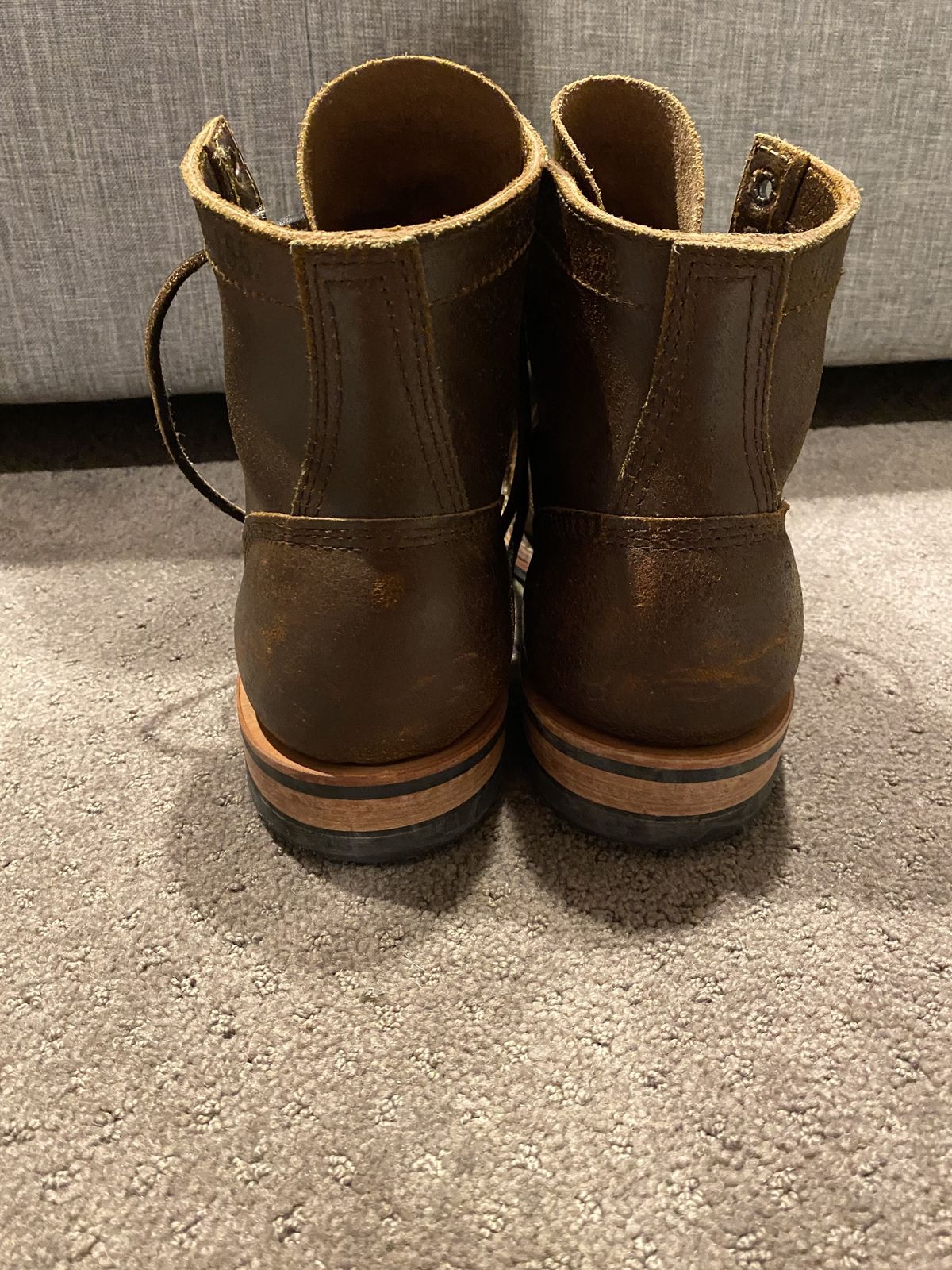 Photo by patinathunderdome on January 5, 2022 of the White's MP-Sherman Toe Cap in Horween Cinnamon Waxed Flesh.