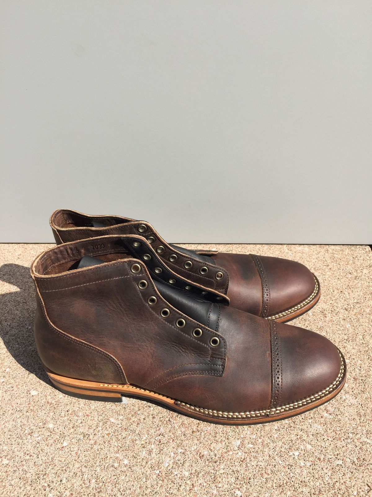 Photo by patinathunderdome on October 5, 2021 of the Viberg Service Boot in Horween Vintage Mocha Oil Harness (3sixteen).