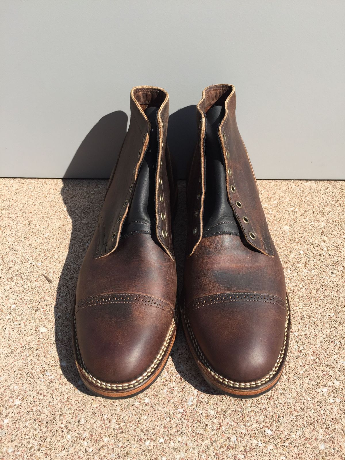 Photo by patinathunderdome on October 5, 2021 of the Viberg Service Boot in Horween Vintage Mocha Oil Harness (3sixteen).