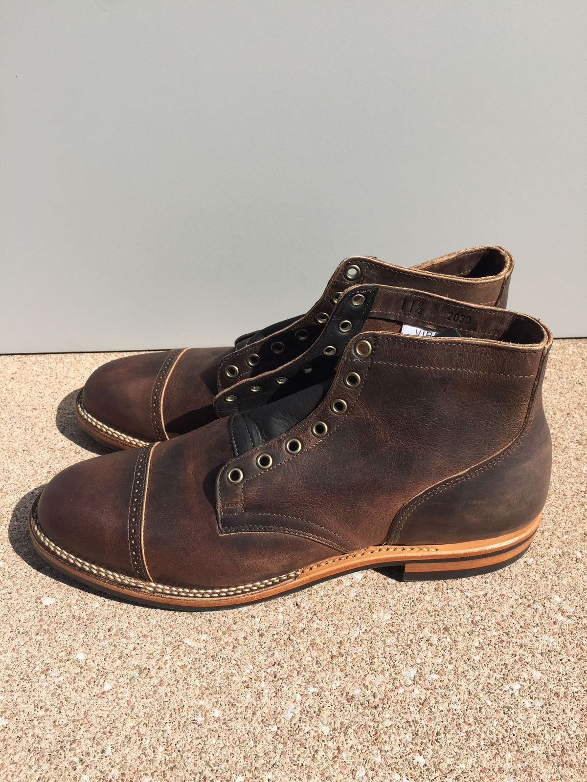 Photo by patinathunderdome on October 5, 2021 of the Viberg Service Boot in Horween Vintage Mocha Oil Harness (3sixteen).
