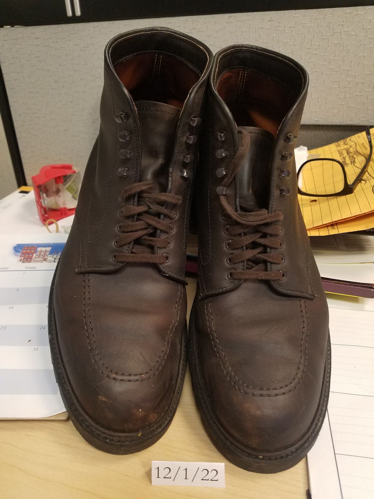 Photo by patinathunderdome on December 1, 2022 of the Alden Indy Boot in Horween Brown Chromexcel.