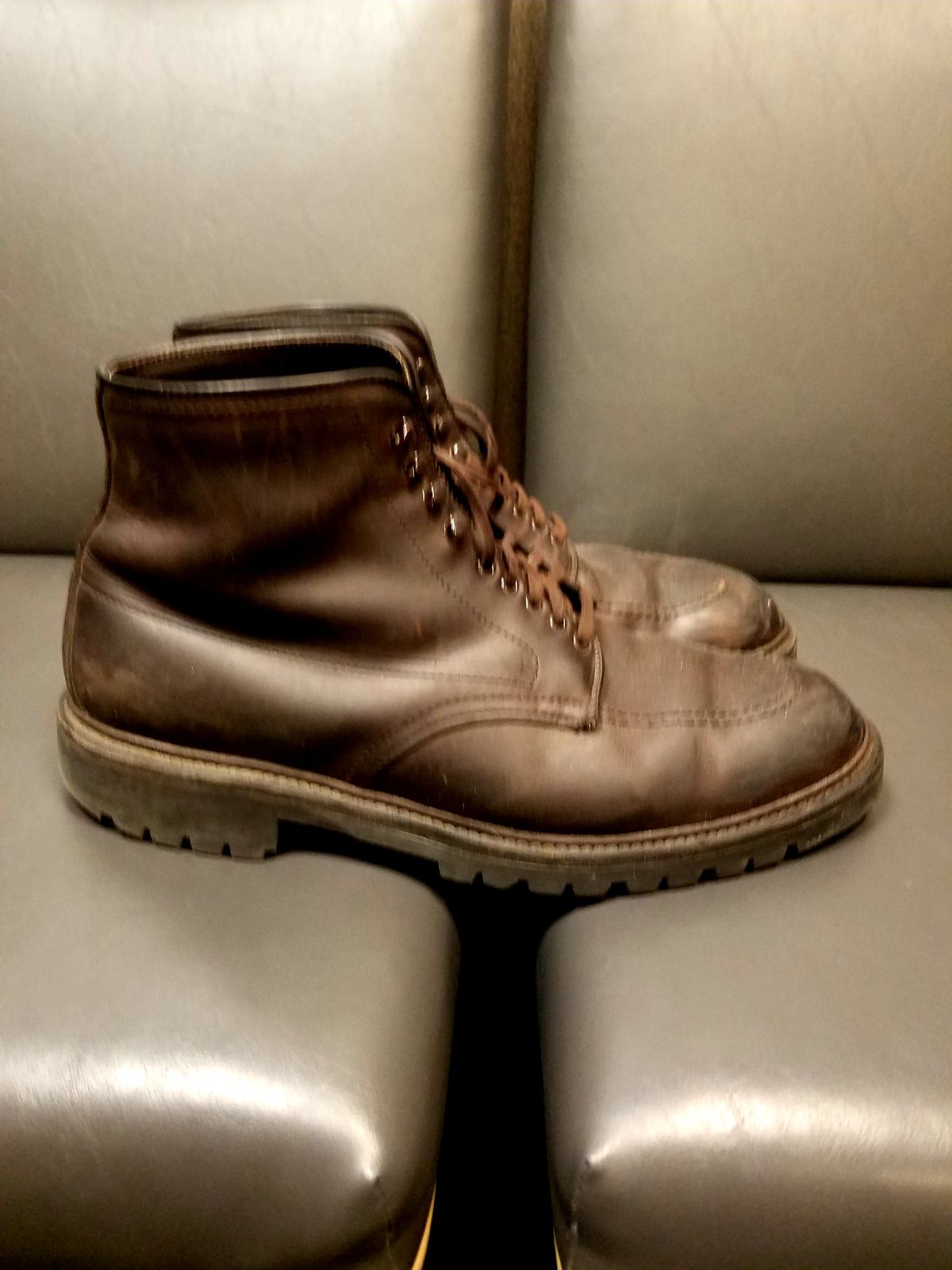 Photo by patinathunderdome on April 3, 2023 of the Alden Indy Boot in Horween Brown Chromexcel.