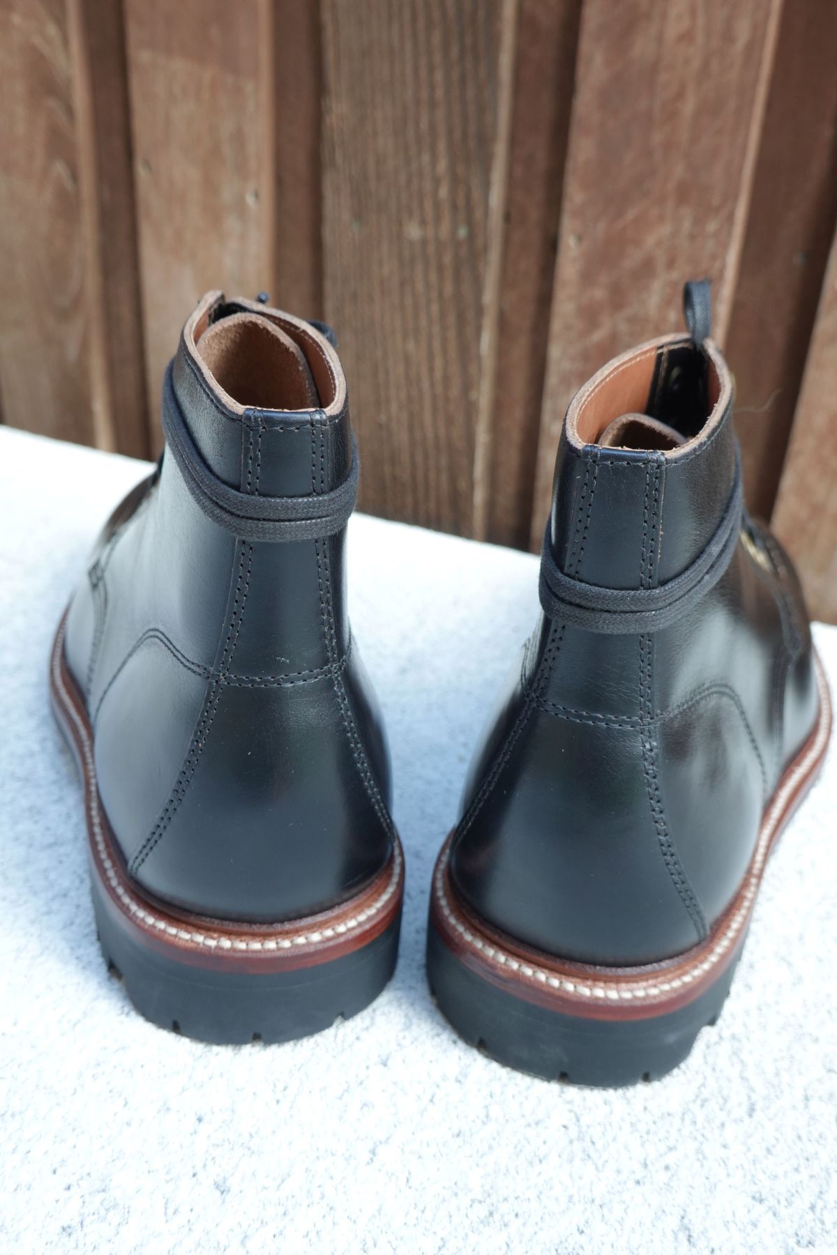 Photo by patinathunderdome on October 1, 2021 of the Grant Stone Brass Boot in Horween Black Chromexcel.