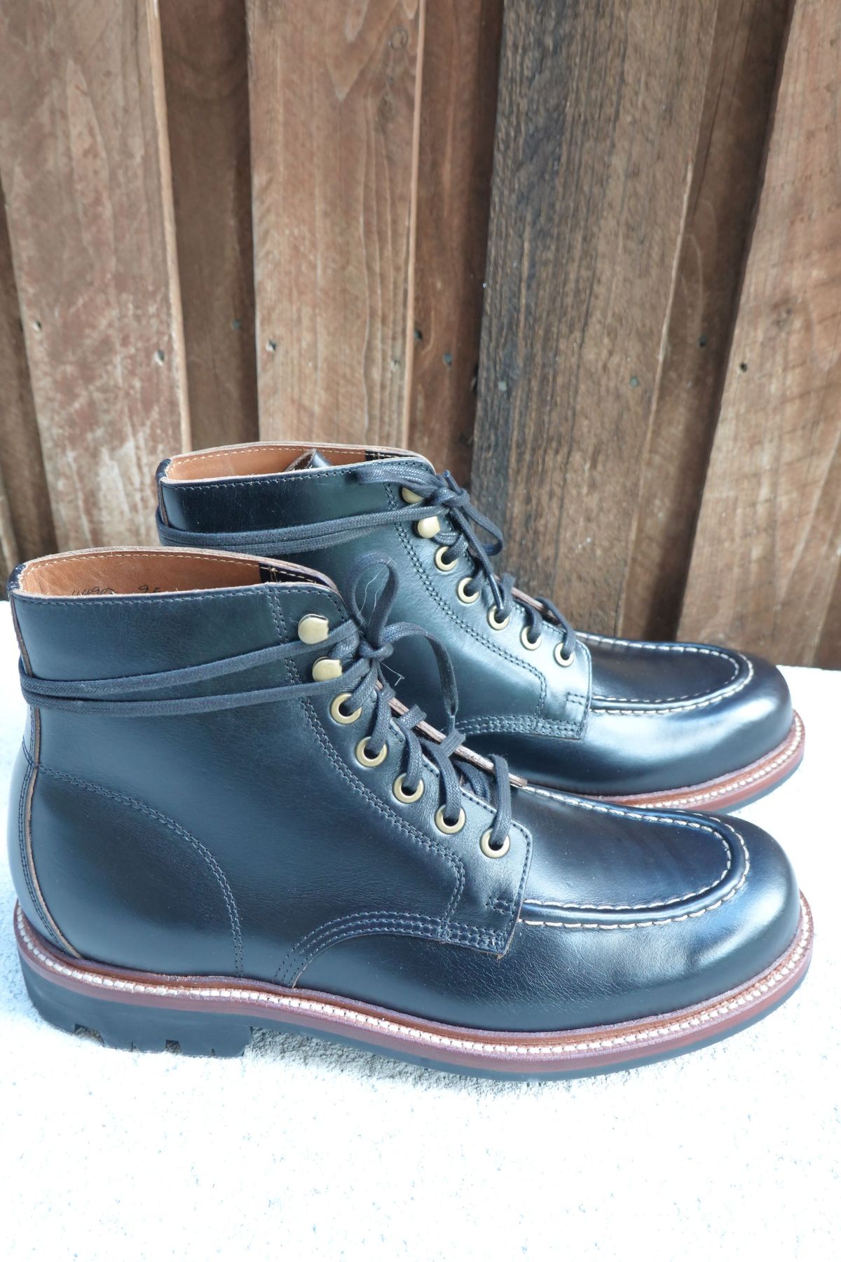 Photo by patinathunderdome on October 1, 2021 of the Grant Stone Brass Boot in Horween Black Chromexcel.