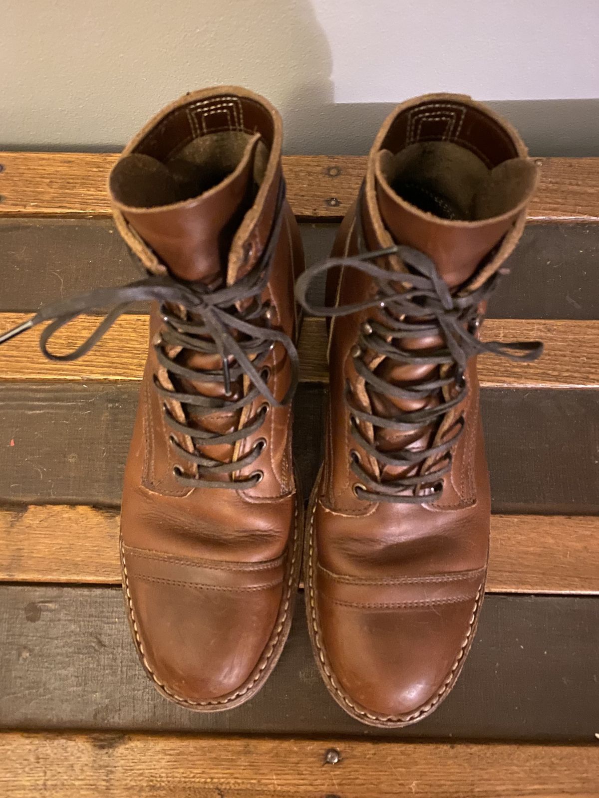 Photo by patinathunderdome on December 6, 2021 of the White's MP-Sherman Toe Cap in Seidel British Tan Double Shot.