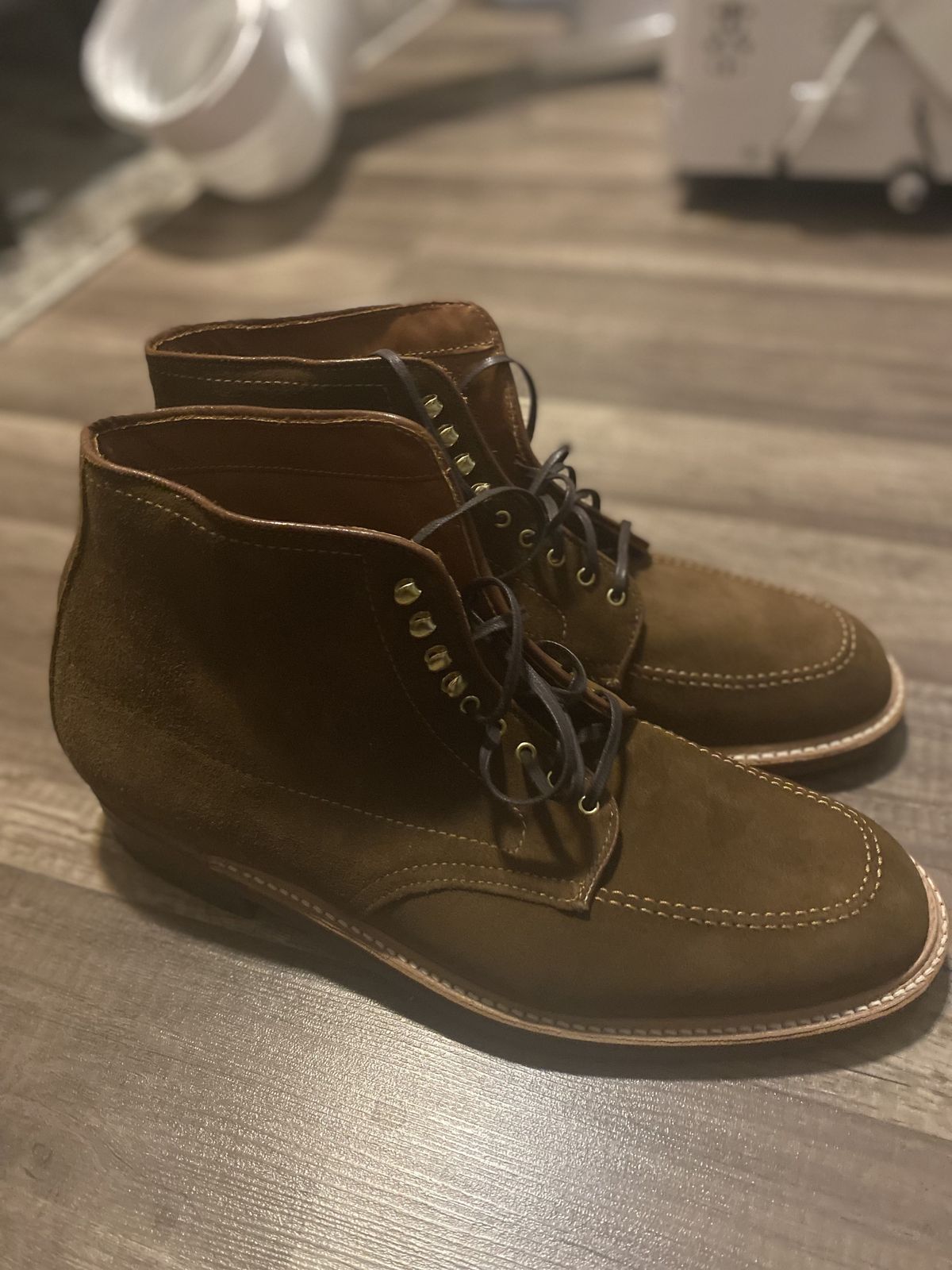 Photo by patinathunderdome on November 4, 2021 of the Alden Indy Boot in C.F. Stead Snuff Repello Calf Suede.