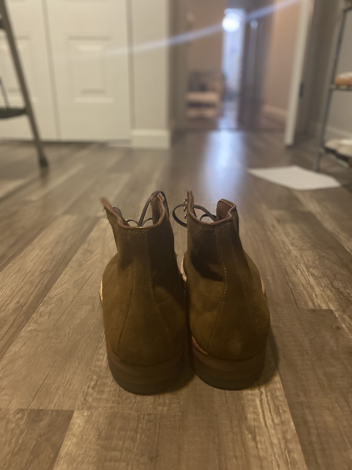 Photo by patinathunderdome on January 6, 2022 of the Alden Indy Boot in C.F. Stead Snuff Repello Calf Suede.