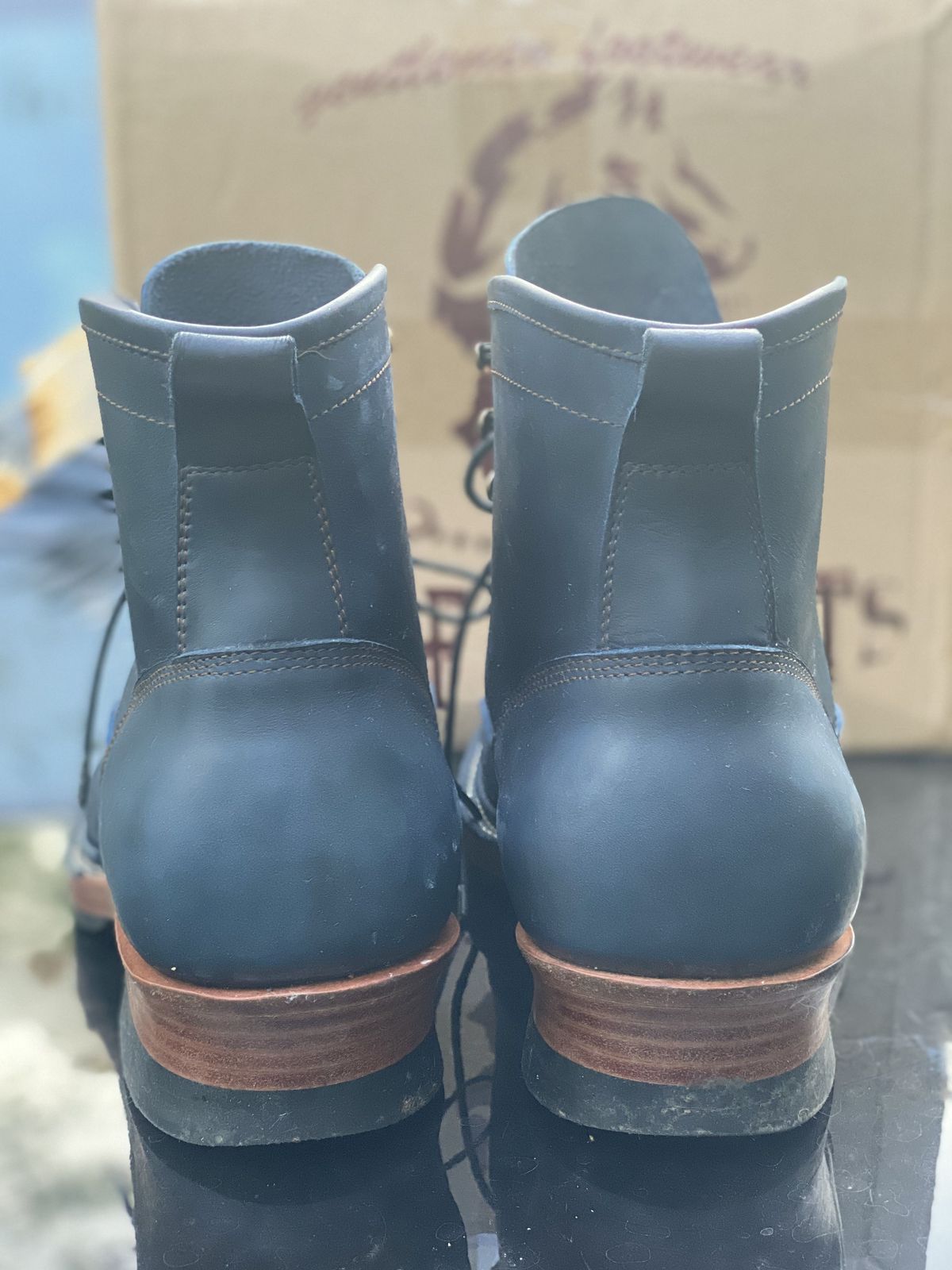 Photo by patinathunderdome on October 1, 2021 of the Prof Barnets Rugged Boots in Indonesian Blue Crazy Horse.
