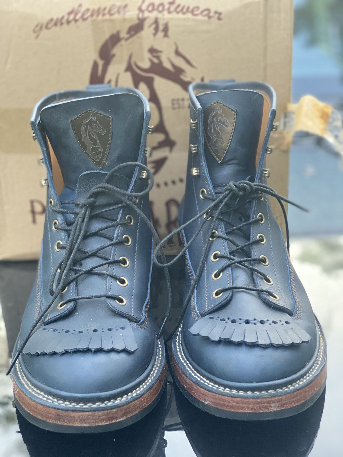 Photo by patinathunderdome on October 1, 2021 of the Prof Barnets Rugged Boots in Indonesian Blue Crazy Horse.