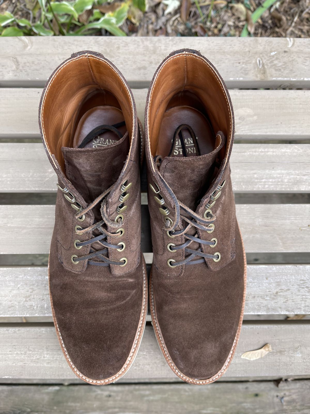 Photo by patinathunderdome on November 4, 2021 of the Grant Stone Diesel Boot in C.F. Stead Coffee Repello Calf Suede.