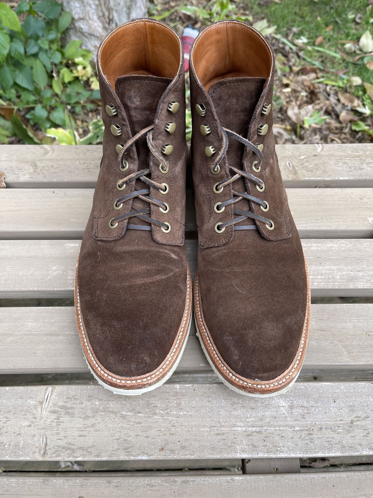 Photo by patinathunderdome on November 4, 2021 of the Grant Stone Diesel Boot in C.F. Stead Coffee Repello Calf Suede.