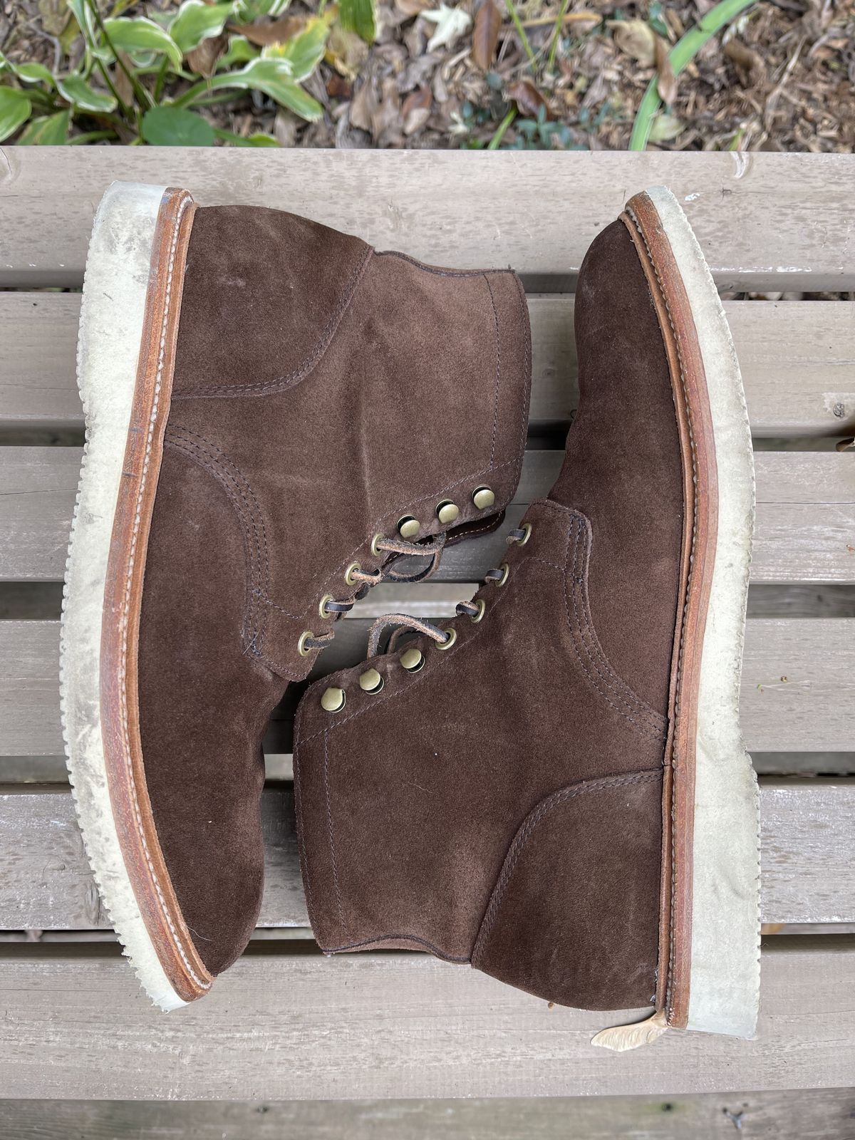 Photo by patinathunderdome on November 4, 2021 of the Grant Stone Diesel Boot in C.F. Stead Coffee Repello Calf Suede.