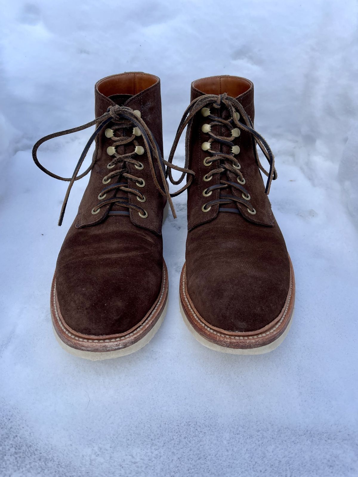 Photo by patinathunderdome on February 5, 2022 of the Grant Stone Diesel Boot in C.F. Stead Coffee Repello Calf Suede.