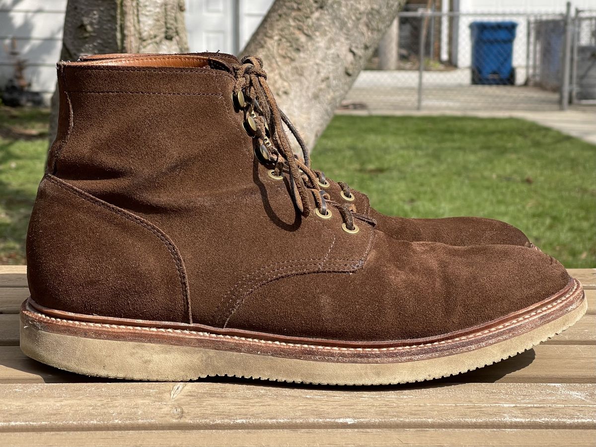 Photo by patinathunderdome on April 3, 2022 of the Grant Stone Diesel Boot in C.F. Stead Coffee Repello Calf Suede.