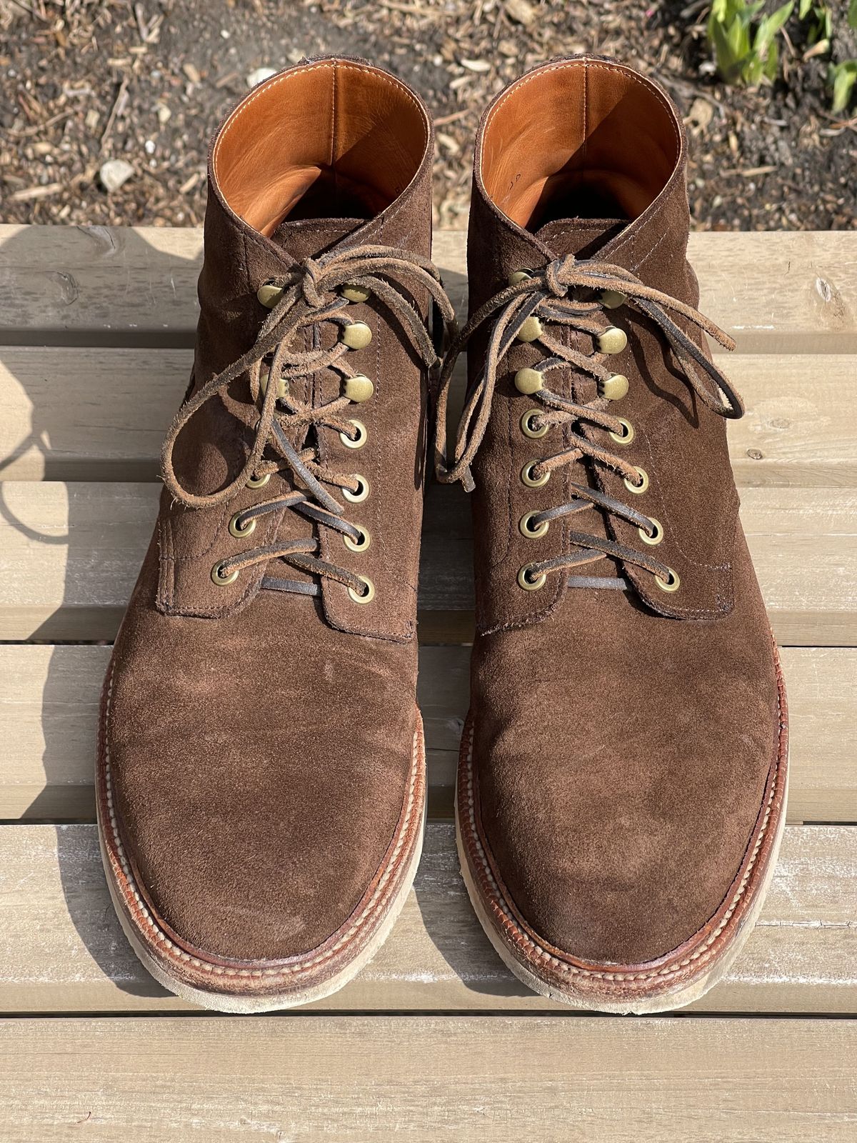 Photo by patinathunderdome on April 3, 2022 of the Grant Stone Diesel Boot in C.F. Stead Coffee Repello Calf Suede.