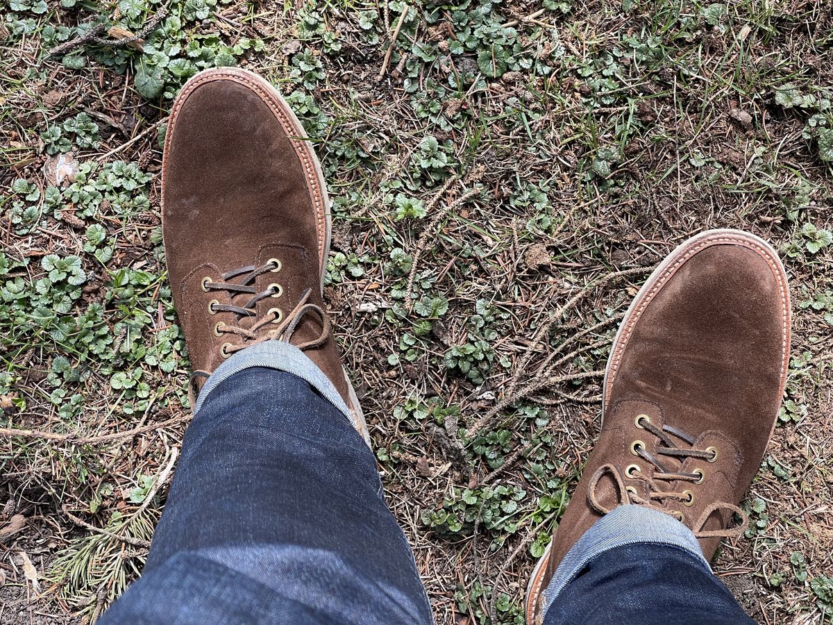 Photo by patinathunderdome on May 5, 2022 of the Grant Stone Diesel Boot in C.F. Stead Coffee Repello Calf Suede.