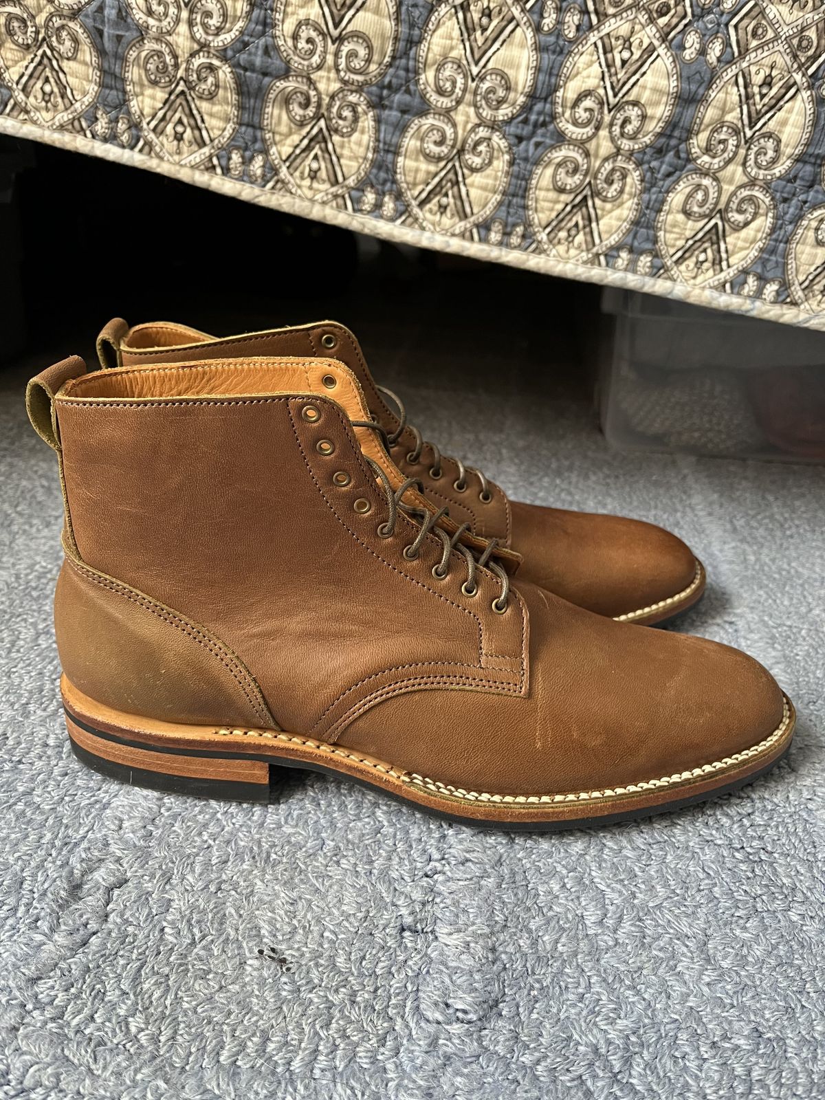 Photo by patinathunderdome on October 1, 2021 of the Viberg Service Boot in Maryam Honey Tanned Hosrehide.
