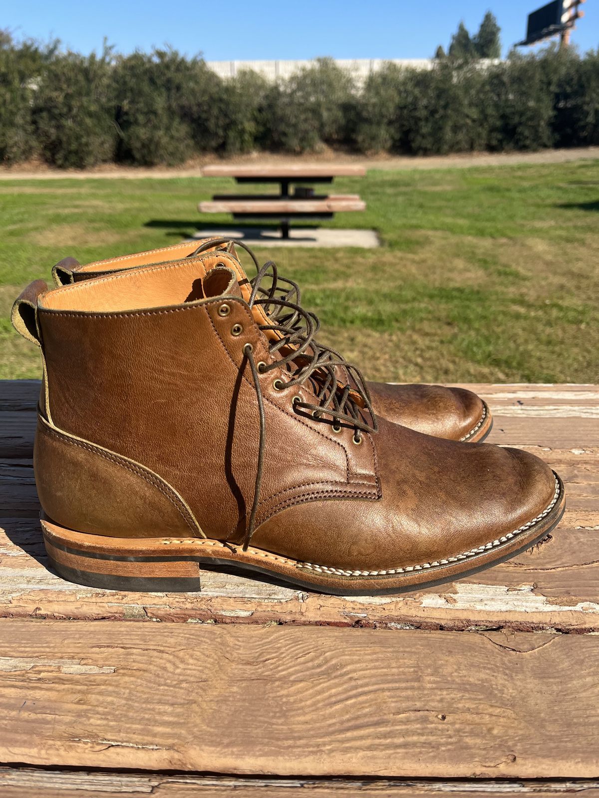 Photo by patinathunderdome on November 3, 2021 of the Viberg Service Boot in Maryam Honey Tanned Hosrehide.