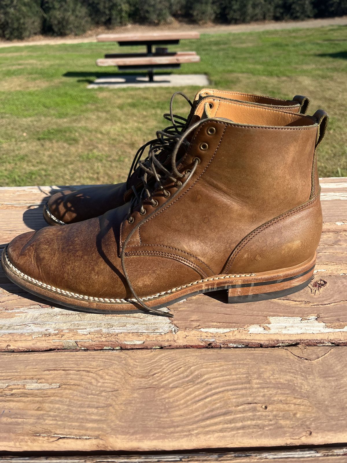 Photo by patinathunderdome on November 3, 2021 of the Viberg Service Boot in Maryam Honey Tanned Hosrehide.