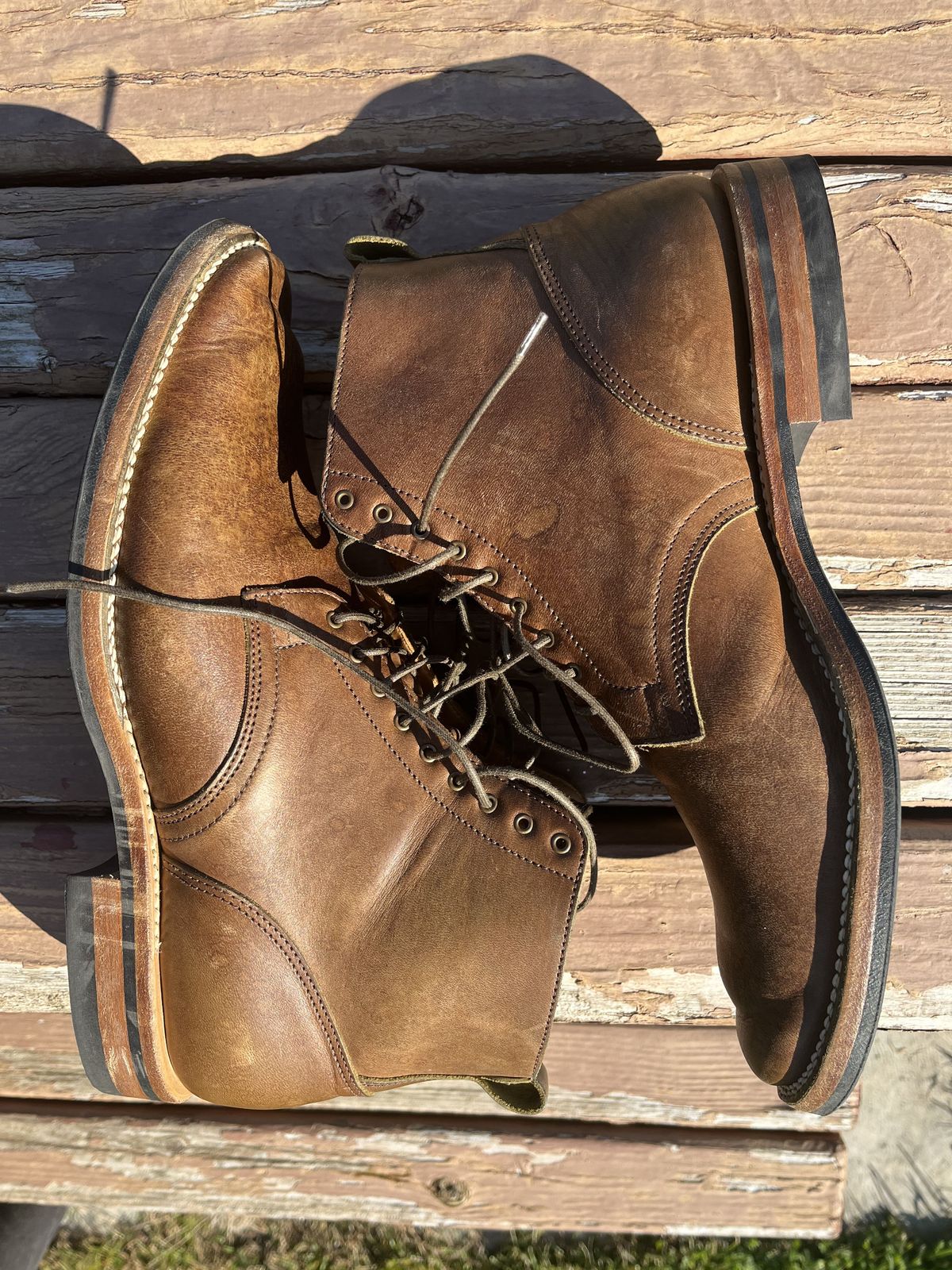 Photo by patinathunderdome on November 3, 2021 of the Viberg Service Boot in Maryam Honey Tanned Hosrehide.