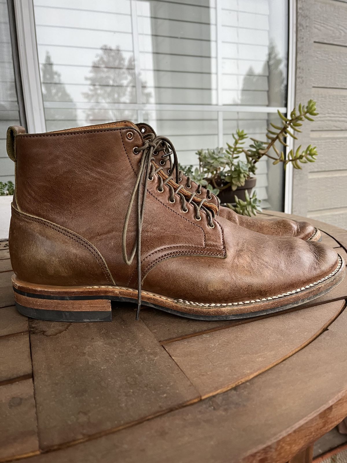 Photo by patinathunderdome on December 5, 2021 of the Viberg Service Boot in Maryam Honey Tanned Hosrehide.