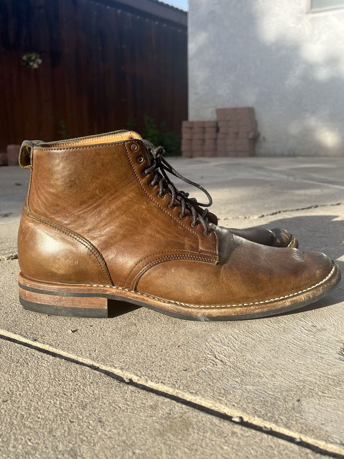 Photo by patinathunderdome on May 6, 2022 of the Viberg Service Boot in Maryam Honey Tanned Hosrehide.