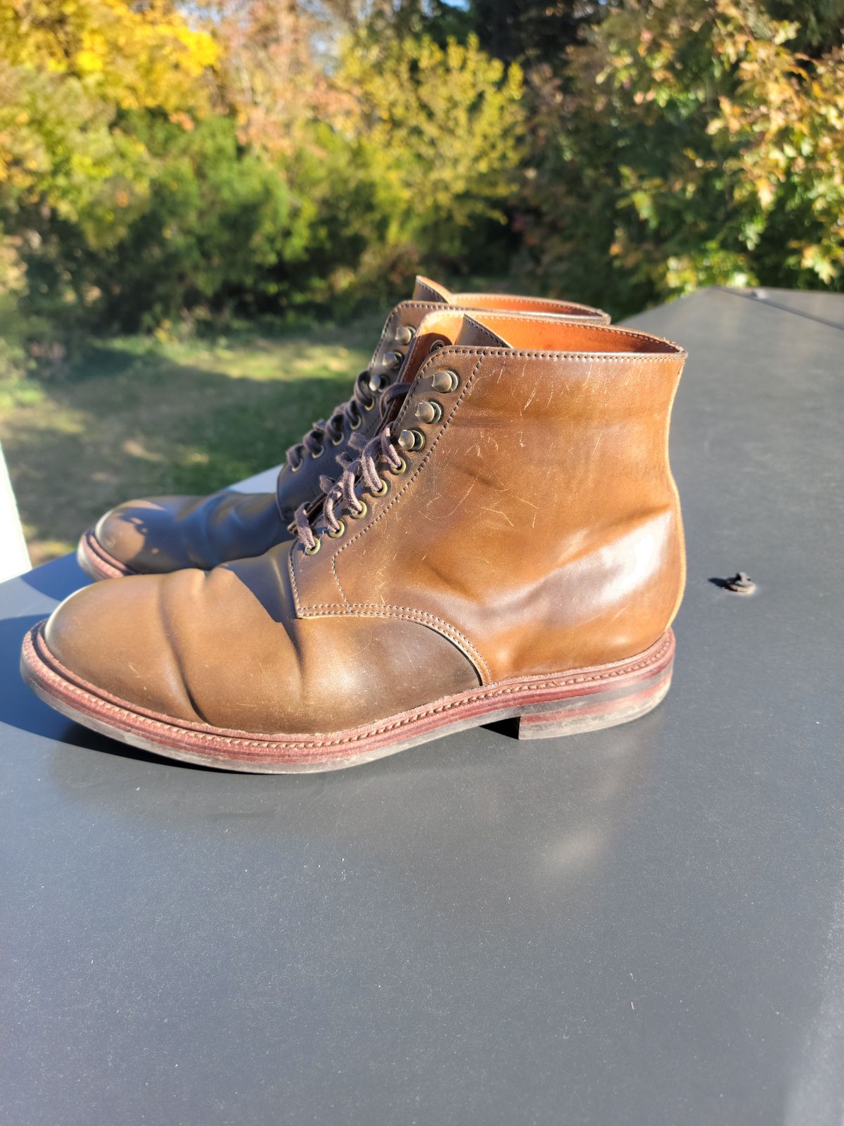 Photo by patinathunderdome on November 5, 2021 of the Grant Stone Edward Boot in Horween Maduro Shell Cordovan.
