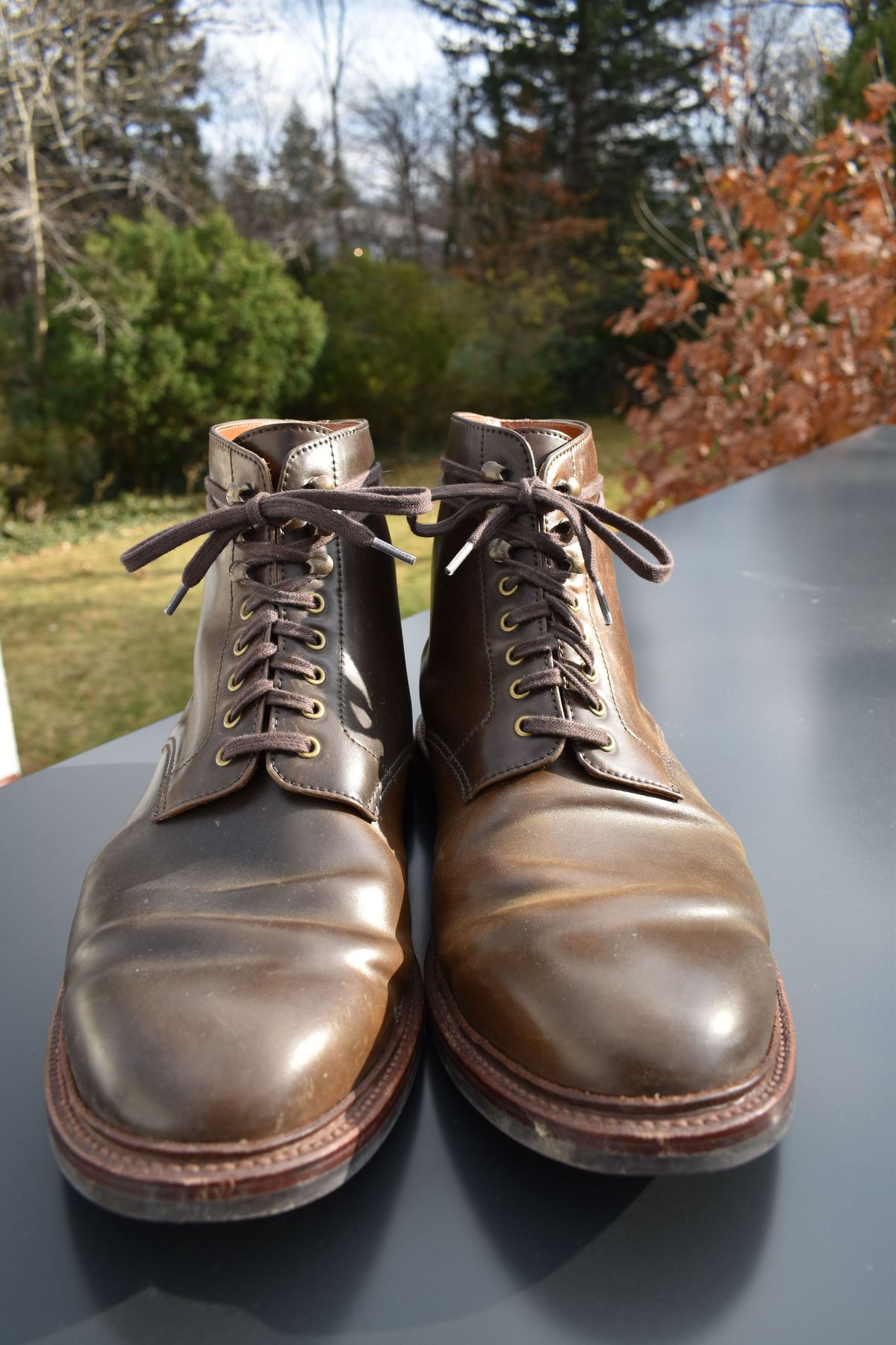 Photo by patinathunderdome on December 6, 2021 of the Grant Stone Edward Boot in Horween Maduro Shell Cordovan.