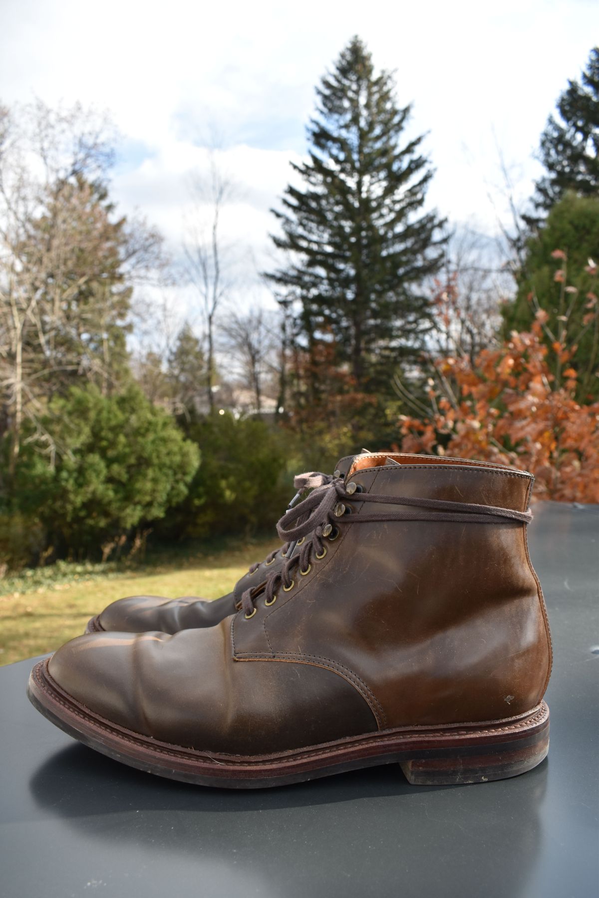 Photo by patinathunderdome on December 6, 2021 of the Grant Stone Edward Boot in Horween Maduro Shell Cordovan.