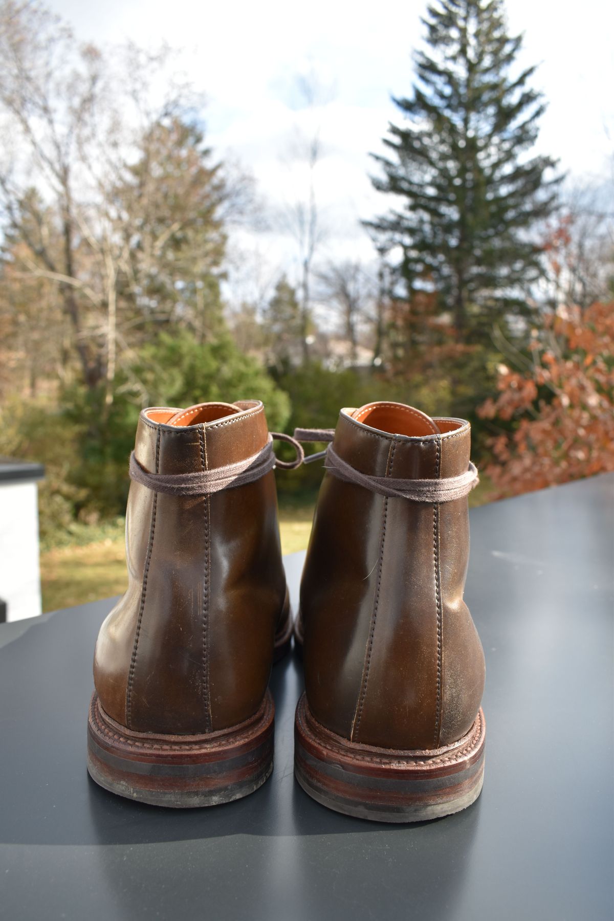 Photo by patinathunderdome on December 6, 2021 of the Grant Stone Edward Boot in Horween Maduro Shell Cordovan.