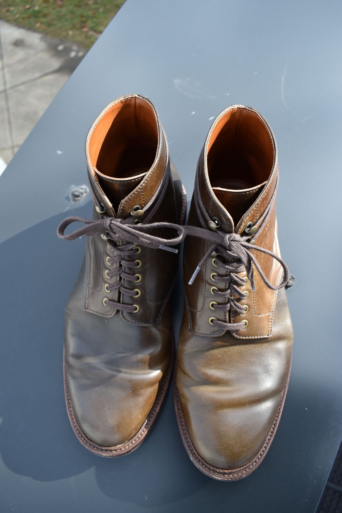 Photo by patinathunderdome on December 6, 2021 of the Grant Stone Edward Boot in Horween Maduro Shell Cordovan.