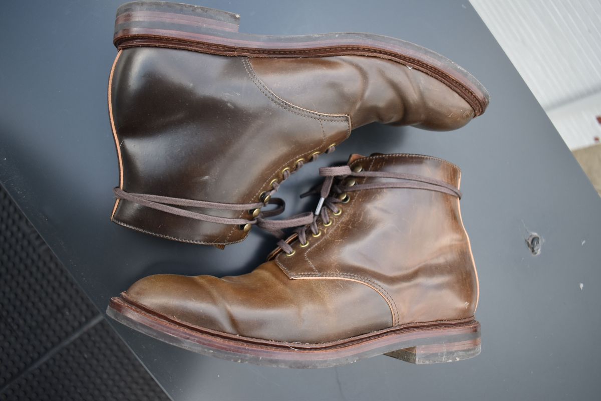 Photo by patinathunderdome on December 6, 2021 of the Grant Stone Edward Boot in Horween Maduro Shell Cordovan.