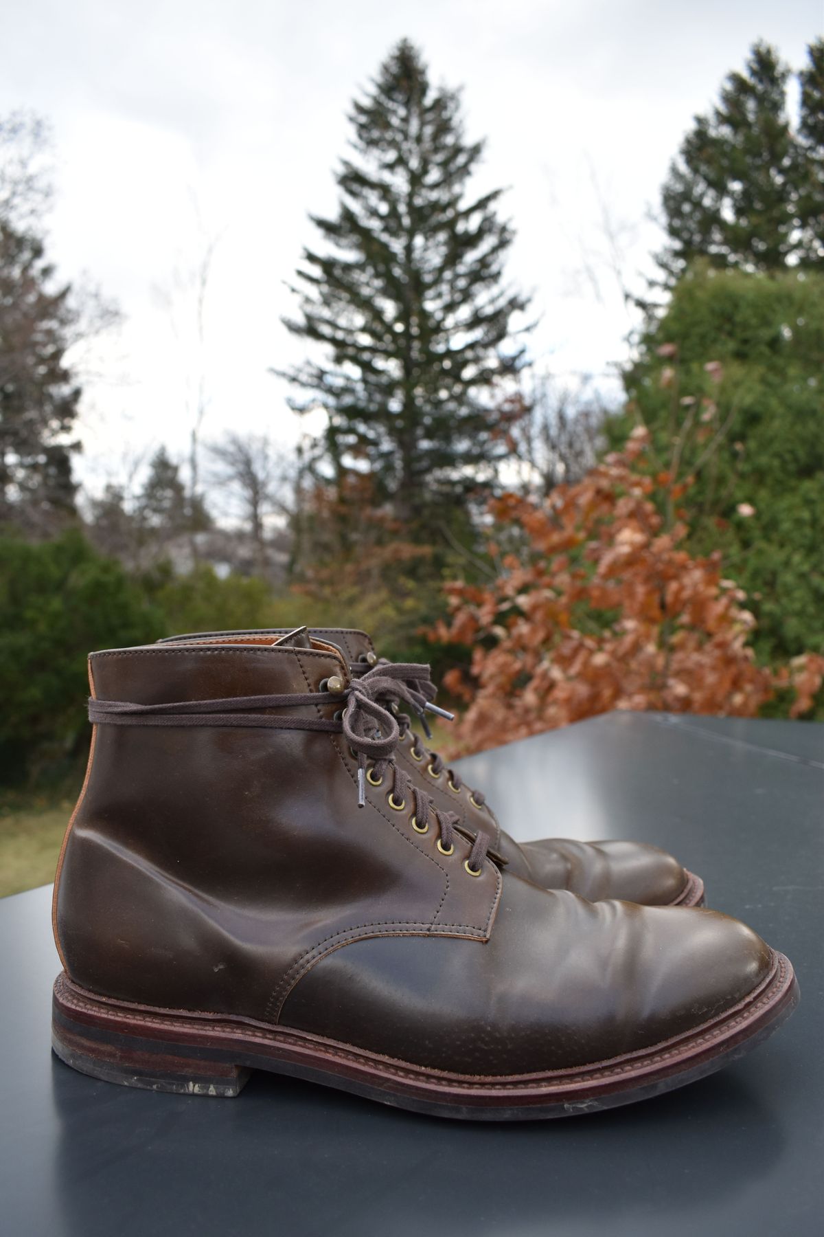 Photo by patinathunderdome on December 6, 2021 of the Grant Stone Edward Boot in Horween Maduro Shell Cordovan.
