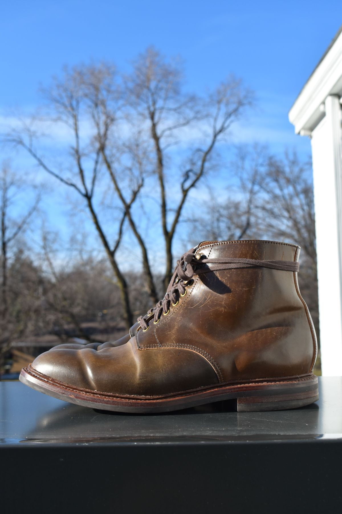 Photo by patinathunderdome on January 5, 2022 of the Grant Stone Edward Boot in Horween Maduro Shell Cordovan.