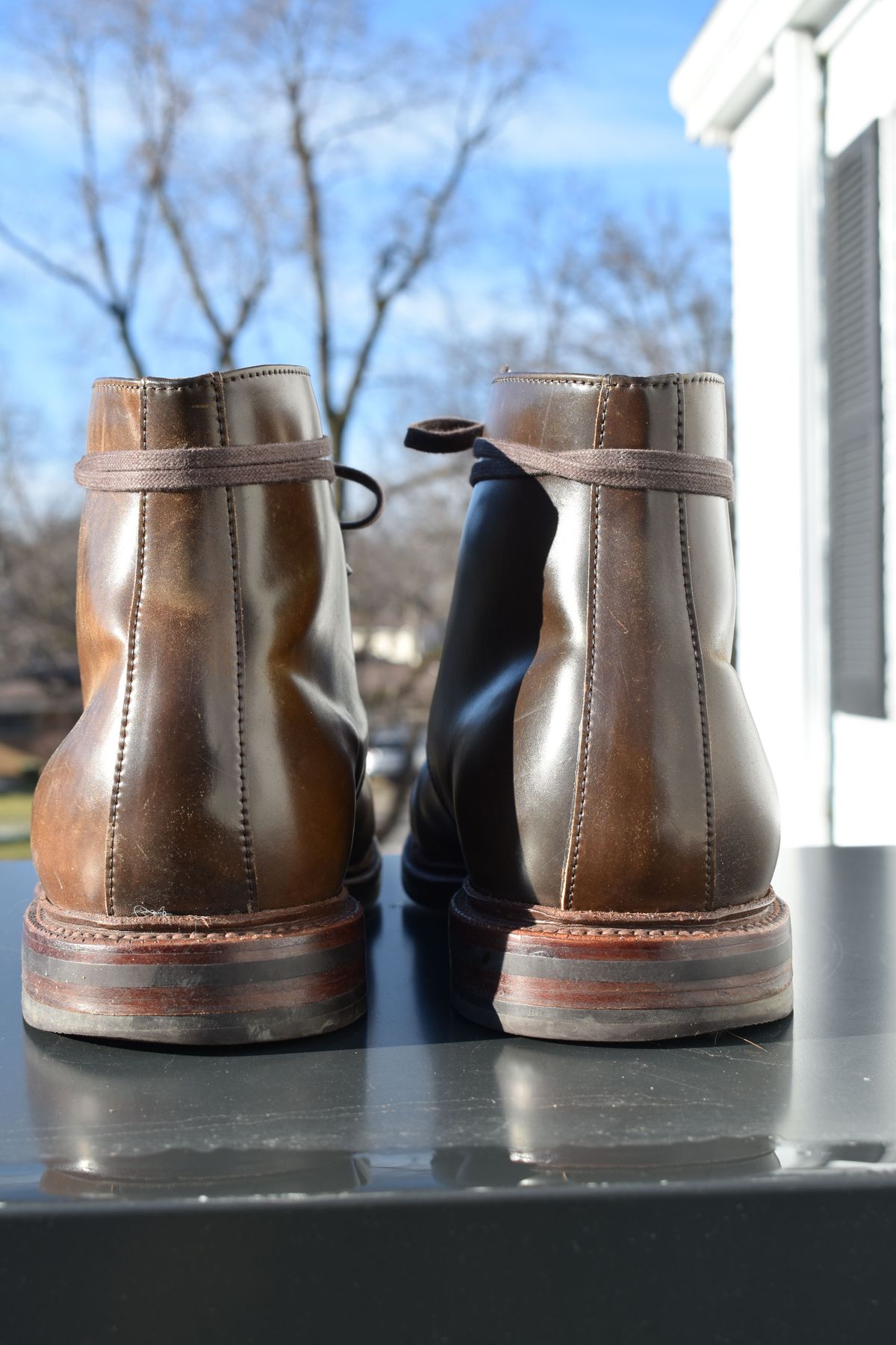 Photo by patinathunderdome on January 5, 2022 of the Grant Stone Edward Boot in Horween Maduro Shell Cordovan.