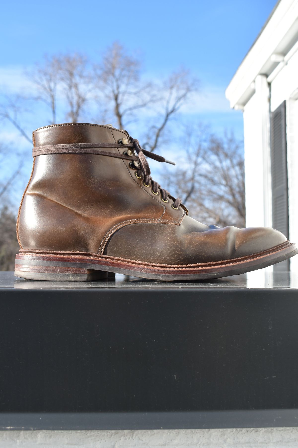 Photo by patinathunderdome on January 5, 2022 of the Grant Stone Edward Boot in Horween Maduro Shell Cordovan.