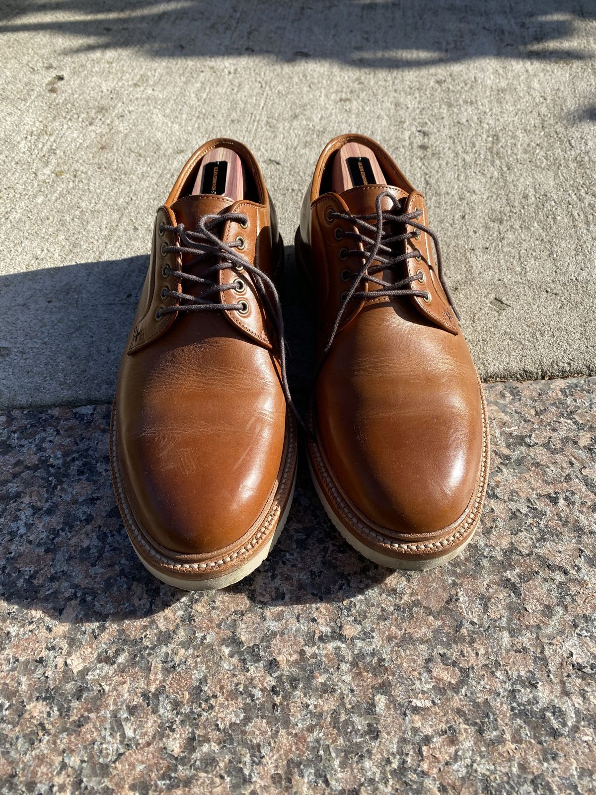Photo by patinathunderdome on December 3, 2021 of the Grant Stone Plain Toe Blucher in Badalassi Carlo Saddle Tan Minerva.