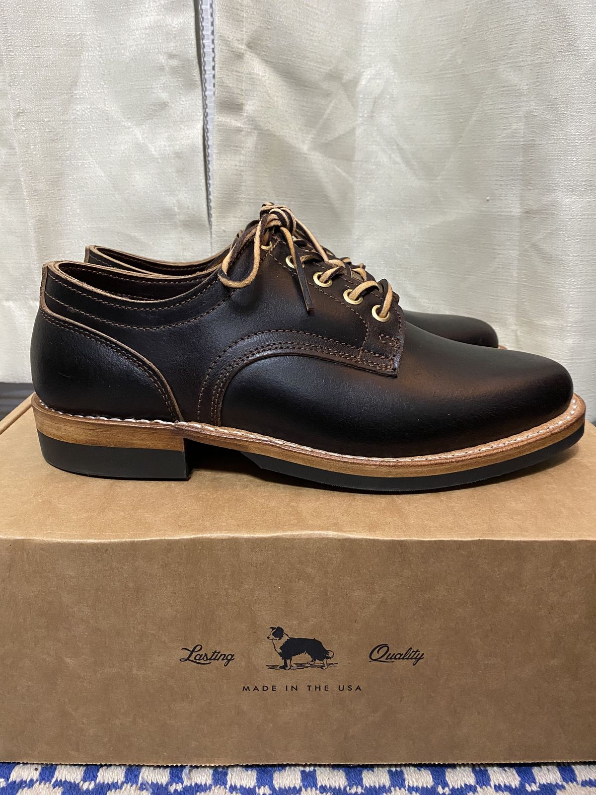 Photo by patinathunderdome on October 1, 2021 of the Truman Derby in Horween Java Waxed Flesh.