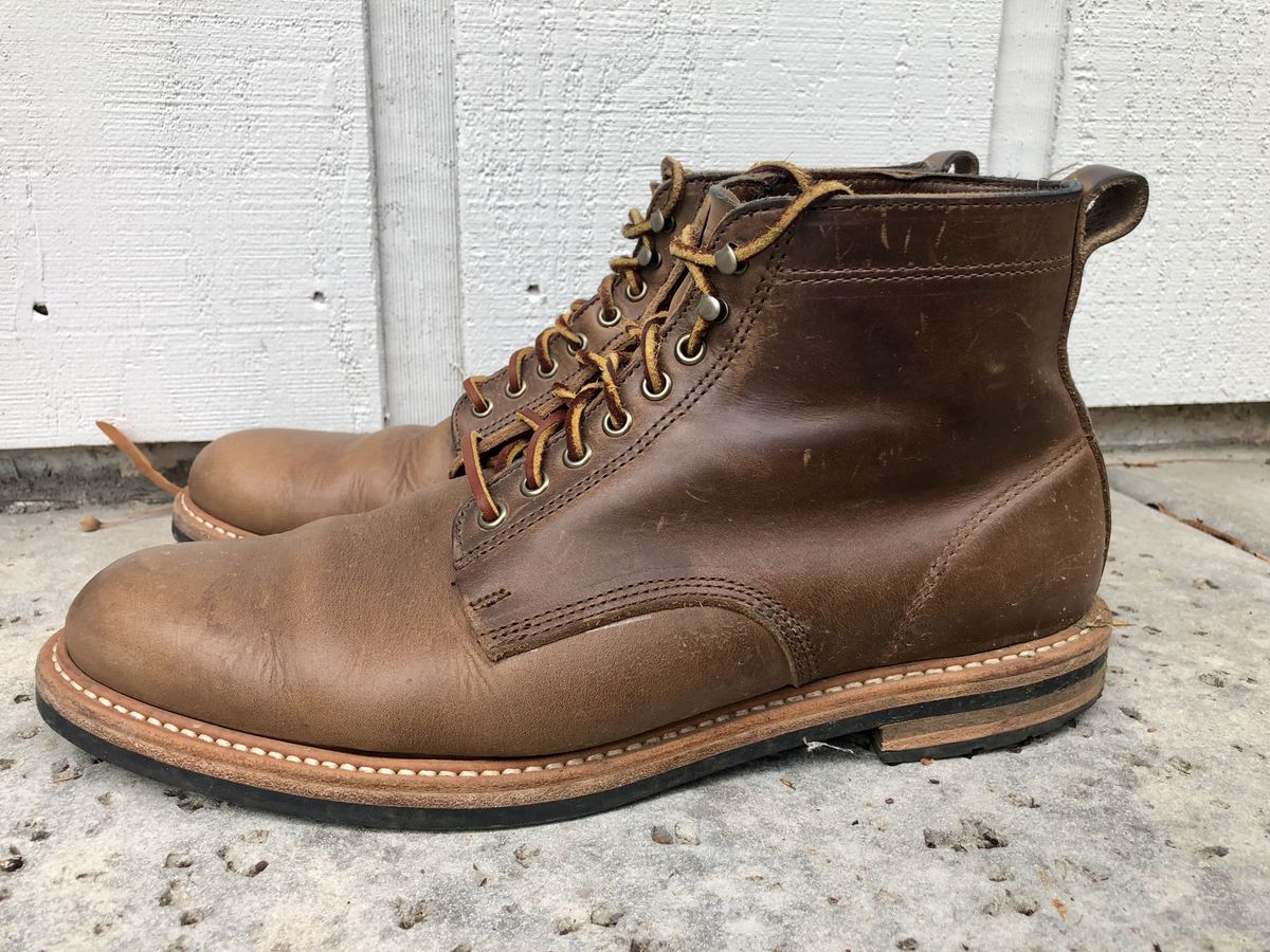 Photo by patinathunderdome on December 5, 2021 of the Rancourt & Co. x Taylor Stitch Moto Boot in Horween Natural Chromexcel.